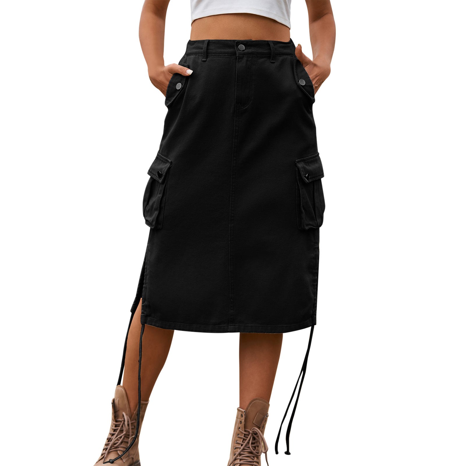 thumbnail image 1 of Falda midi con cordones de denim para mujer: informal, de longitud media, corte A, versátil para primavera/otoño, 1 of 3